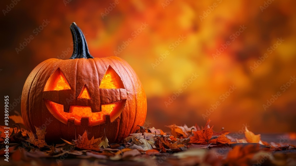 Carved Halloween Pumpkin with Autumn Leaves in Spooky Woodland Setting Carved Halloween Pumpkin with Autumn Leaves in Spooky Woodland Setting