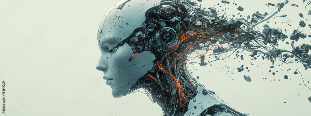 A humanoid robot's head is disintegrating and breaking apart, with an artistic design of the internal mechanical structure on its body. The overall color scheme has a strong sense A humanoid robot's head is disintegrating and breaking apart, with an artistic design of the internal mechanical structure on its body. The overall color scheme has a strong sense