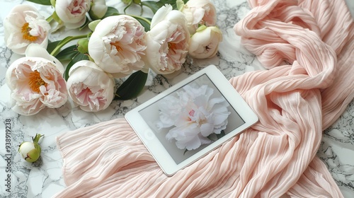 Top view of an e-book reader, white peony flowers, and a pastel scarf on a marble background. Minimal flat lay with feminine accessories for a fashion or beauty blog banner mockup. photo