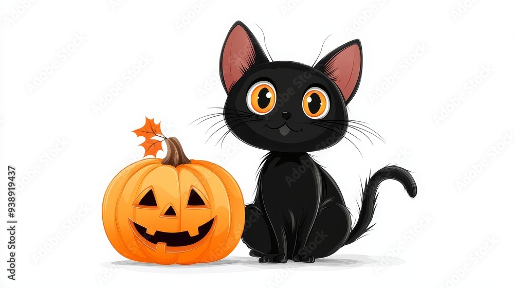 Cute Black Cat with Jack o Lantern Pumpkin on Halloween Night Cute Black Cat with Jack o Lantern Pumpkin on Halloween Night