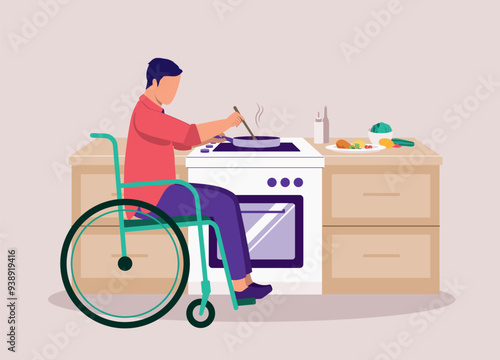 One Disabled Man In Wheelchair Cooking With Frying Pan In The Kitchen At Home.