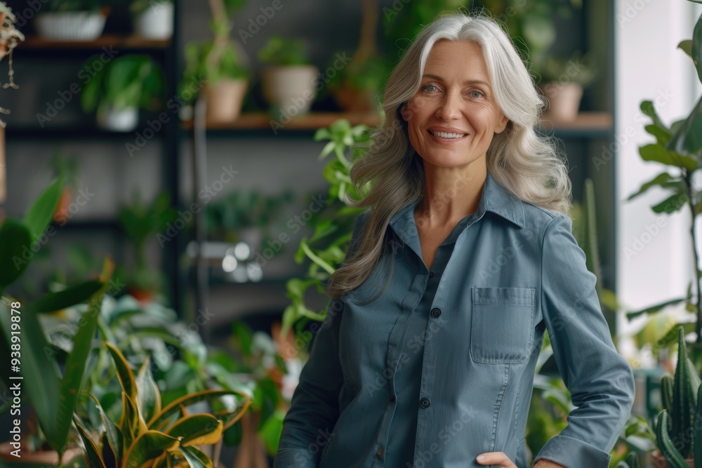 Fototapeta premium Professional woman in sustainable business office smiles with pride.