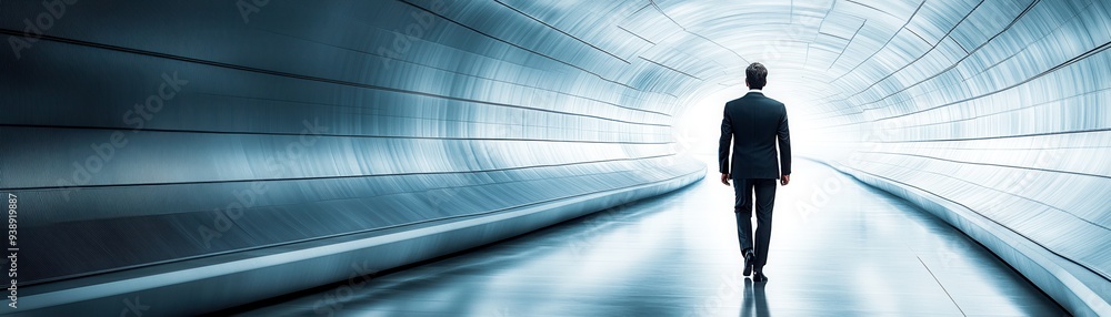 Businessman walking in futuristic tunnel, symbolizing innovation, progress, and forward-thinking in a corporate environment. Businessman walking in futuristic tunnel, symbolizing innovation, progress, and forward-thinking in a corporate environment.