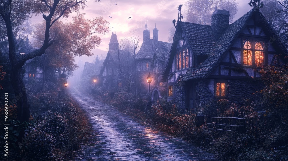 Enchanting Medieval Village Nestled in Autumn Mist and Glow