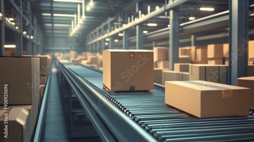 The conveyor belt is depicted as moving the cardboard boxes through various stages of the warehouse. It’s usually designed for efficient movement of goods. photo