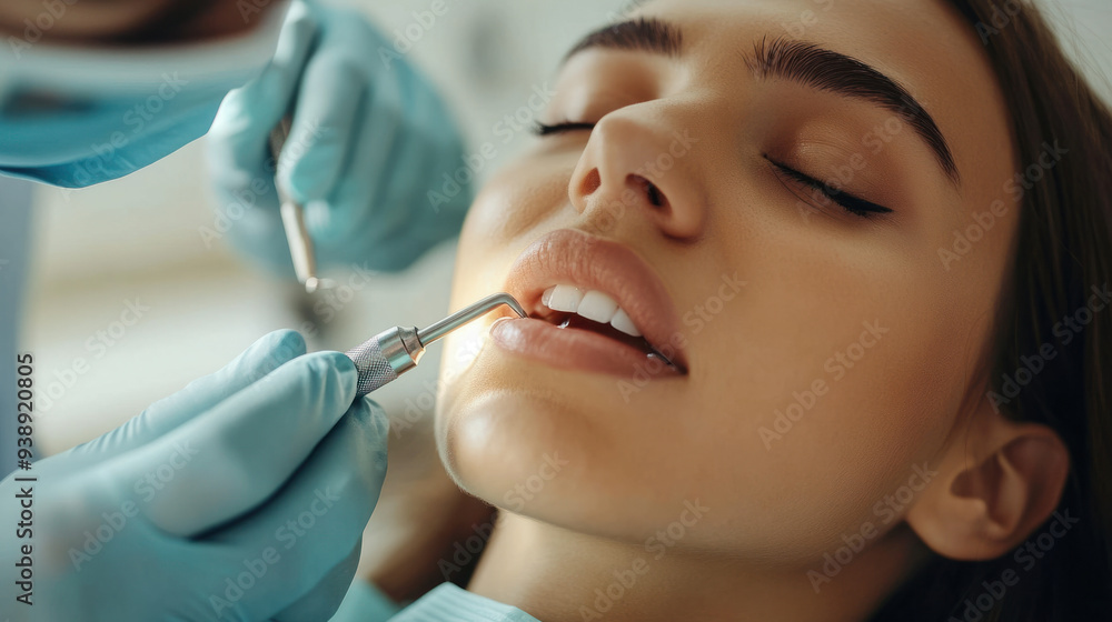 dentist treatment, Close-up of a dentist using a drill to treat a cavity The patient lies in the chair, eyes closed, showing signs of discomfort dentist treatment, Close-up of a dentist using a drill to treat a cavity The patient lies in the chair, eyes closed, showing signs of discomfort