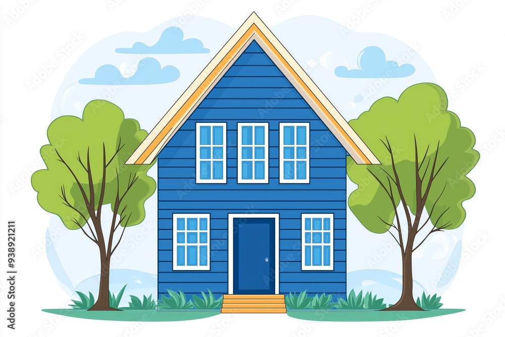 Fototapeta premium A colorful illustration of a blue house with two trees on each side, set against a sky with clouds