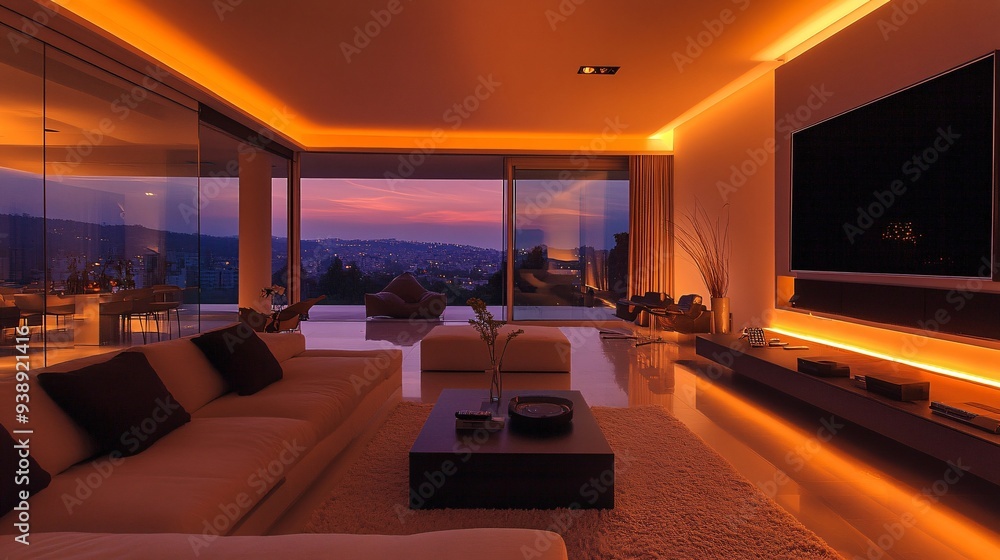 Spacious living room with smart lighting that adjusts based on natural light Spacious living room with smart lighting that adjusts based on natural light