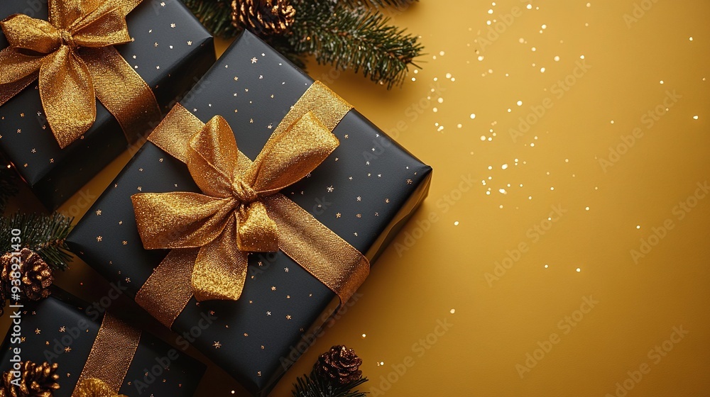 Black gift boxes with yellow ribbons on a yellow background for a Christmas banner template. Black gift boxes with yellow ribbons on a yellow background for a Christmas banner template.