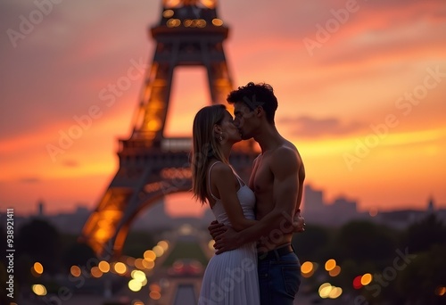 Romantic couple kissing at sunset with Eiffel Tower, Paris
