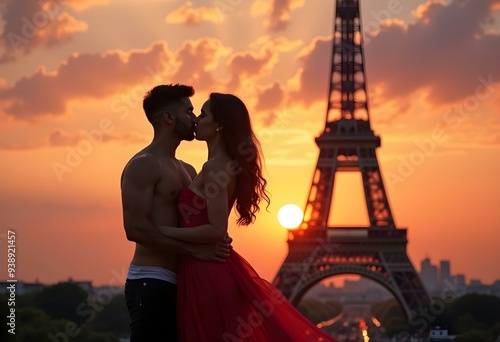 Romantic couple kissing at sunset with Eiffel Tower, Paris
