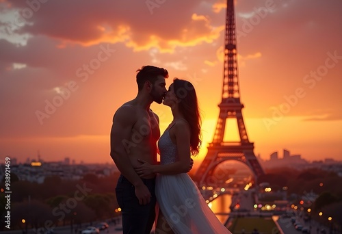 Romantic couple kissing at sunset with Eiffel Tower, Paris
