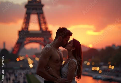 Romantic couple kissing at sunset with Eiffel Tower, Paris
