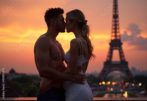 Romantic couple kissing at sunset with Eiffel Tower, Paris
