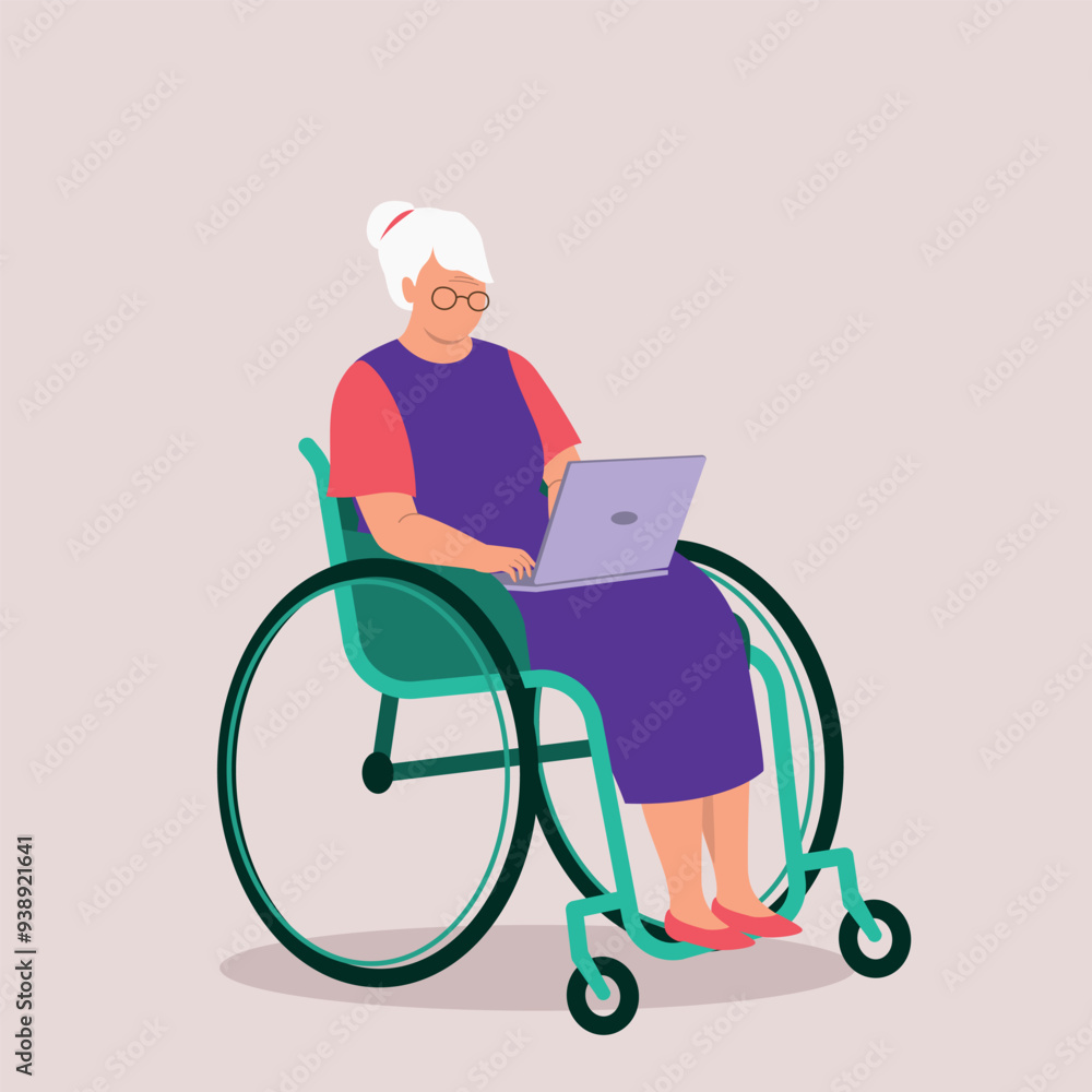 One Disabled Elderly Woman In Wheelchair Using Laptop. One Disabled Elderly Woman In Wheelchair Using Laptop.