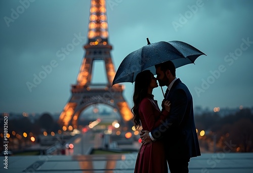 Romantic couple kissing at Rainy Day with Eiffel Tower, Paris
