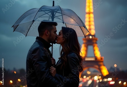 Romantic couple kissing at Rainy Day with Eiffel Tower, Paris
