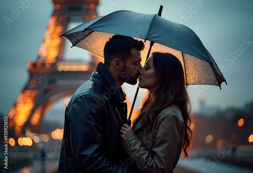 Romantic couple kissing at Rainy Day with Eiffel Tower, Paris
