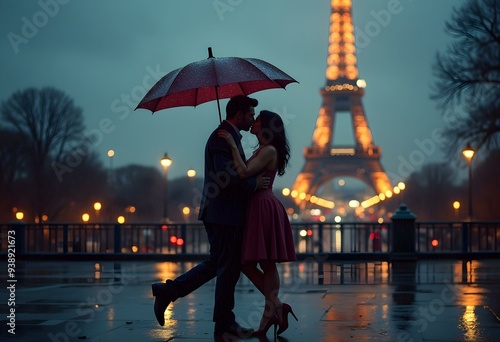 Romantic couple kissing at Rainy Day with Eiffel Tower, Paris
