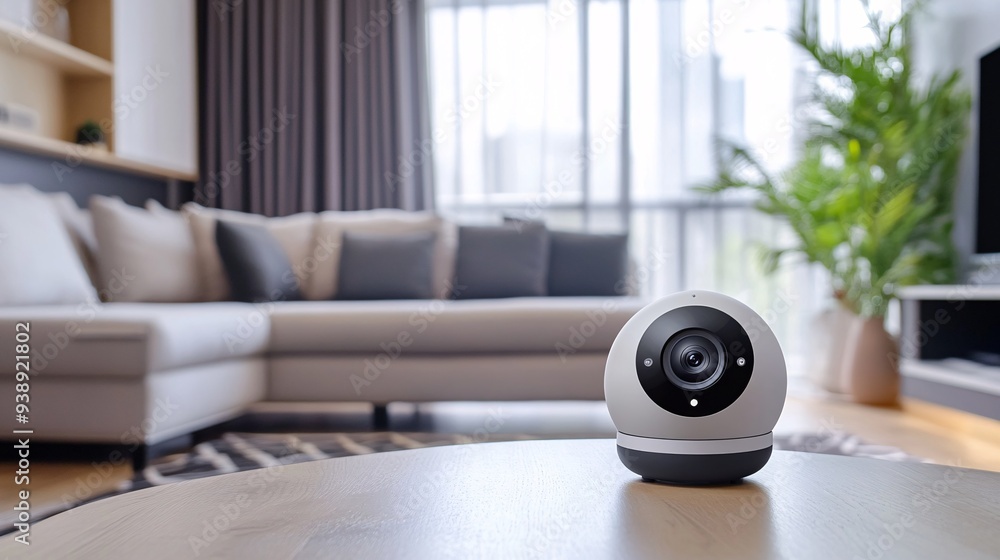 Modern living room setup with a smart camera for remote monitoring and home security Modern living room setup with a smart camera for remote monitoring and home security