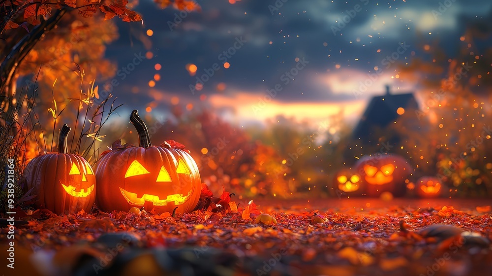Spooky Autumn Pumpkins Glowing in the Enchanted Forest at Night Spooky Autumn Pumpkins Glowing in the Enchanted Forest at Night