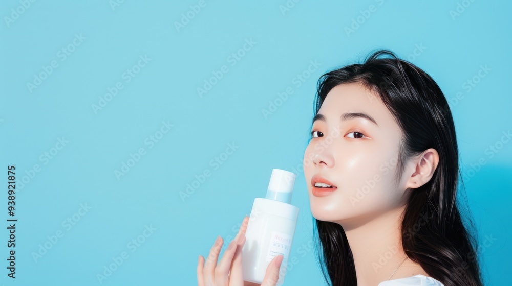 Beautiful Woman Holding Skincare Product Against a Blue Background