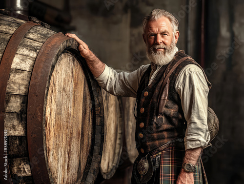 Portrait of a Middle-Aged Scottish Man in Traditional Highland Attire with Whisky Barrel photo