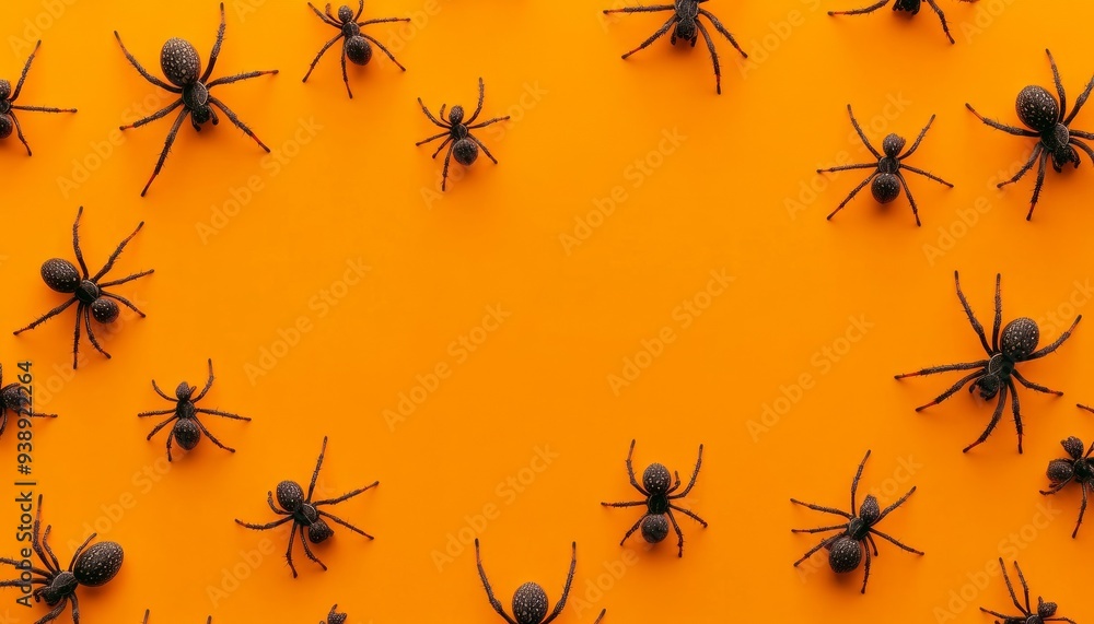Pattern of Black Spiders on Orange Background for Halloween Pattern of Black Spiders on Orange Background for Halloween