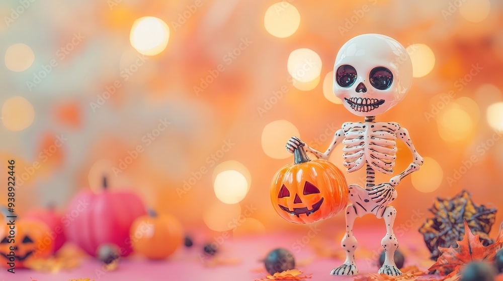Spooky Skeleton with Pumpkin in Festive Autumn Backdrop with Eerie Bokeh Lights Spooky Skeleton with Pumpkin in Festive Autumn Backdrop with Eerie Bokeh Lights