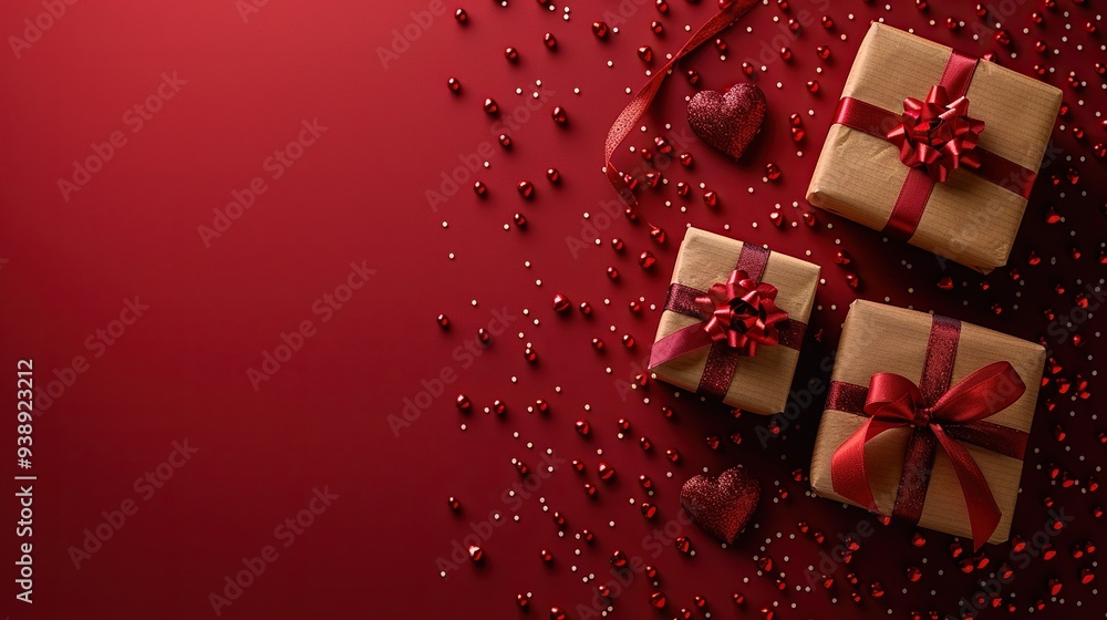 Valentine's Day background with gift boxes wrapped in red ribbon and hearts on a red backdrop. Valentine's Day background with gift boxes wrapped in red ribbon and hearts on a red backdrop.