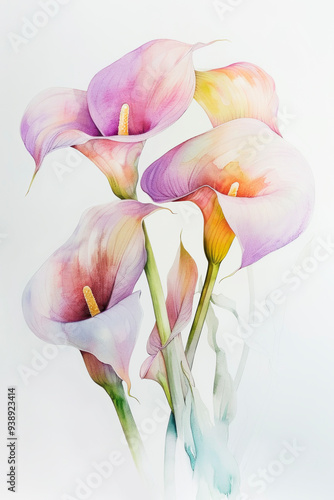 Watercolour painting of purple calla lily flowers on white background, Elegant spring flower, pastel tone, illustration poster