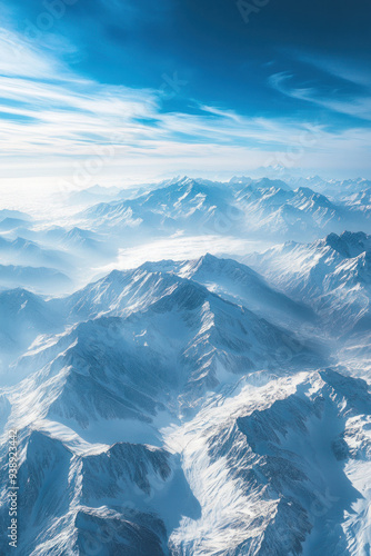 Wallpaper Mural Snow-Capped Mountains,  A breathtaking aerial view of snow-covered mountains beneath a bright blue sky, showcasing the stunning beauty of nature in its grandeur Torontodigital.ca