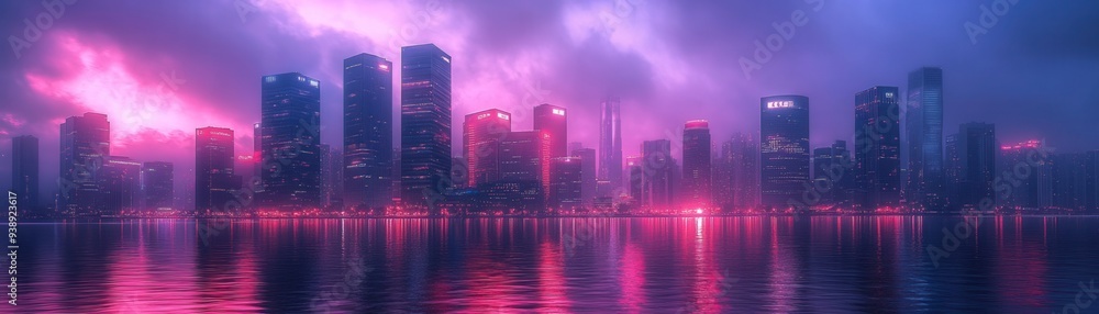 Fototapeta premium Futuristic city skyline with neon lights reflecting in the water under a moody purple and pink sky, creating a cyberpunk atmosphere.