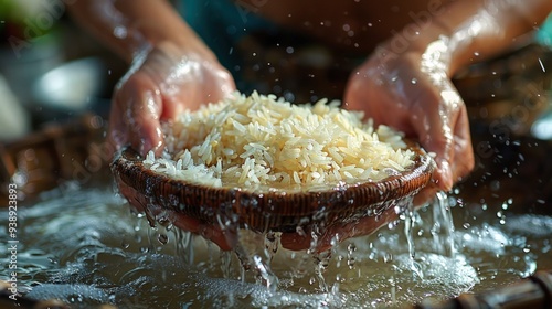 A pair of hands are rinsing rice in a bowl of water. photo