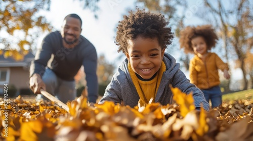 A family clearing leaves from the yard, with parents and kids raking and bagging together, showing the power of teamwork in home upkeep. photo