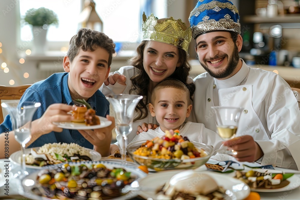 Jewish family celebrating Purim with costumes and festive meal Jewish family celebrating Purim with costumes and festive meal