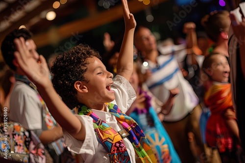Boy joyfully celebrating with community during Simchat Torah