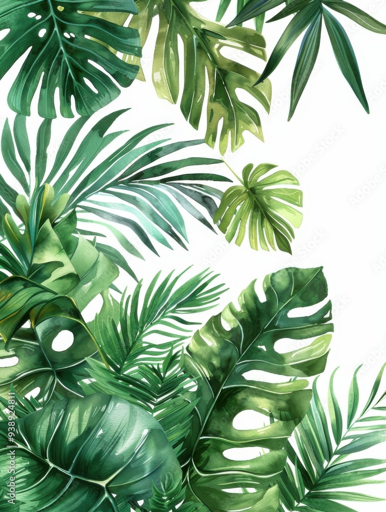 A seamless border of tropical leaves, including ferns and philodendrons, painted in soft, flowing watercolors with realistic textures, isolated on a white background A seamless border of tropical leaves, including ferns and philodendrons, painted in soft, flowing watercolors with realistic textures, isolated on a white background