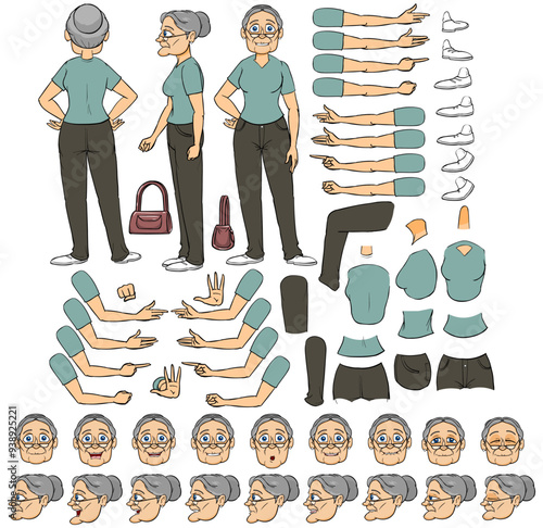 Vector cartoon style Old Woman character for animation. Different emotions, gestures and poses. Isolated vector illustration.