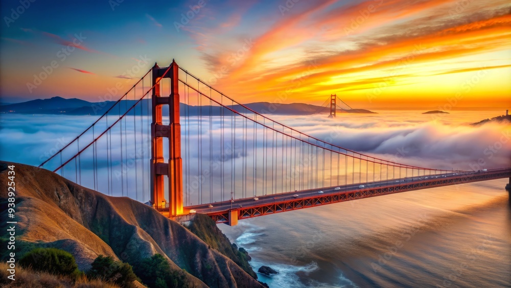 Fototapeta premium Illustrated iconic Golden Gate Bridge in vibrant orange and blue hues, standing tall amidst San Francisco's misty skyline and calm ocean waters.