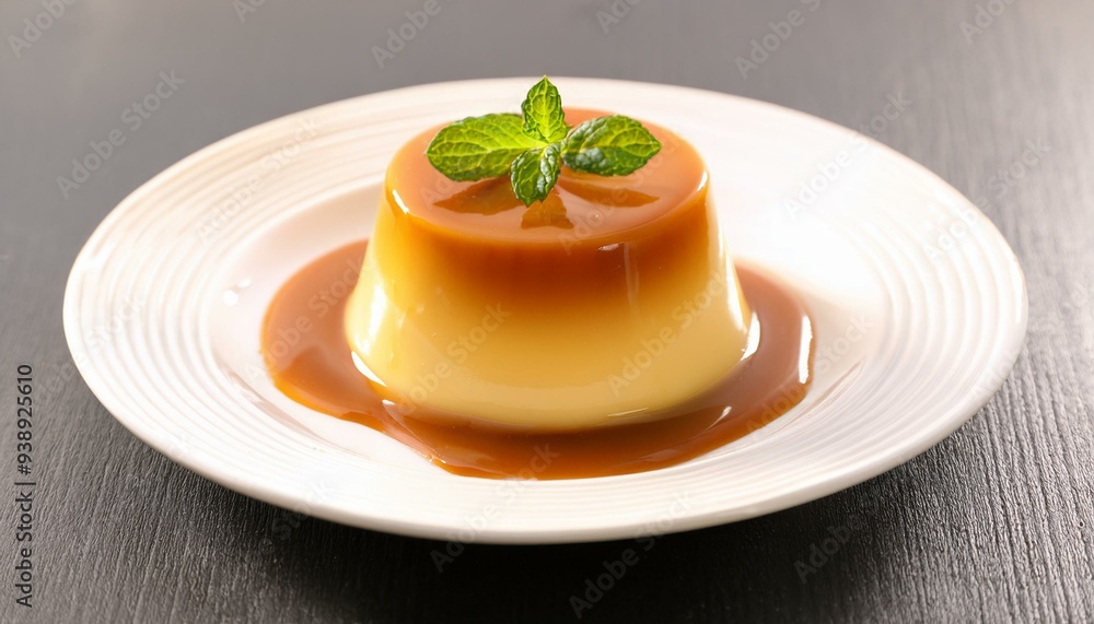 Caramel custard pudding with mint Caramel custard pudding with mint