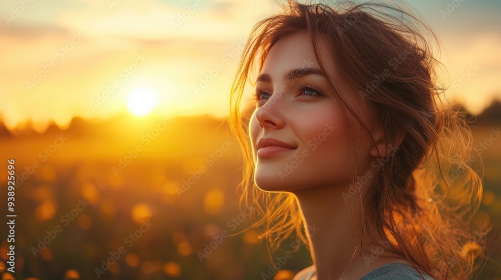 portrait of a girl in photo of a woman with a garden and sunset in the background