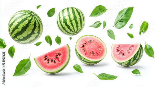 Fresh Watermelon Slices and Whole Fruit with Green Leaves Isolated on White Background