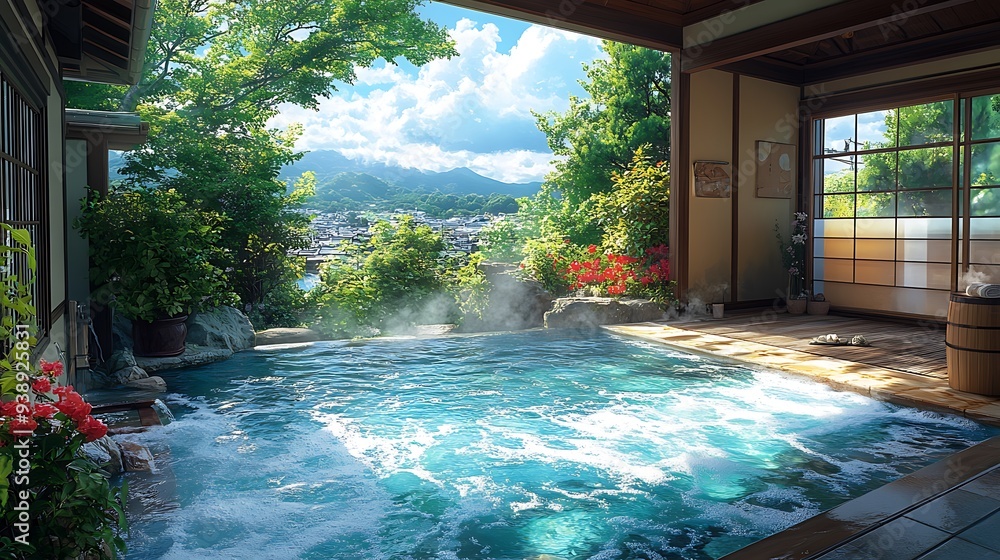 Tranquil Outdoor Onsen With Stunning Mountain View. Tranquil Outdoor Onsen With Stunning Mountain View.
