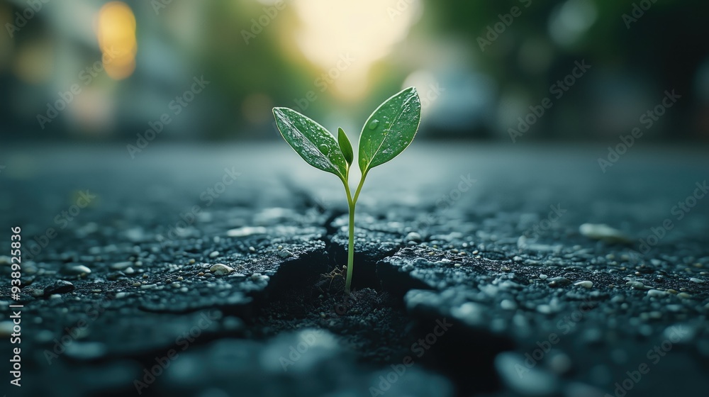 A small green plant sprouting out of a crack in the road A small green plant sprouting out of a crack in the road