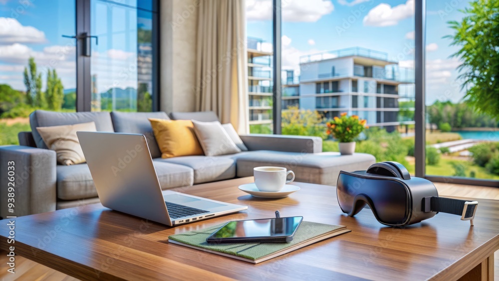 Immersive virtual reality headset and controller on modern coffee table surrounded by real estate brochures and laptop, blending digital and physical home buying experiences. Immersive virtual reality headset and controller on modern coffee table surrounded by real estate brochures and laptop, blending digital and physical home buying experiences.