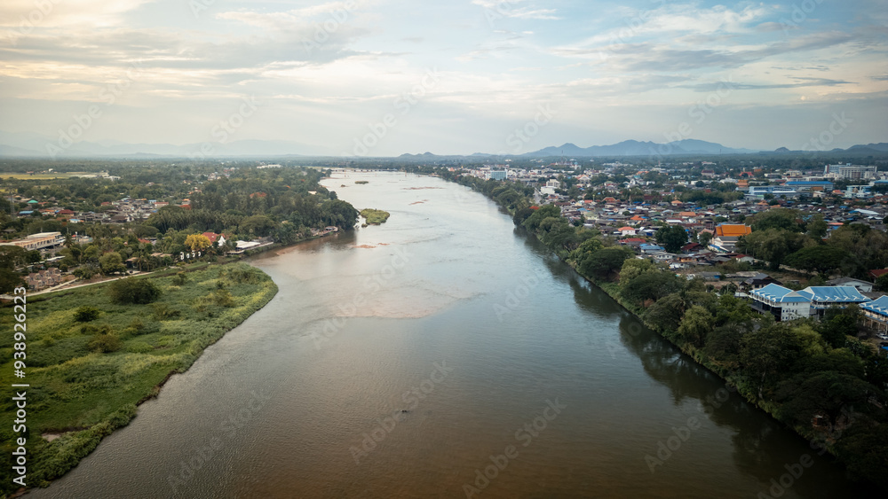 Fototapeta premium Aerial view of Tak city with the river in Northern Thailand
