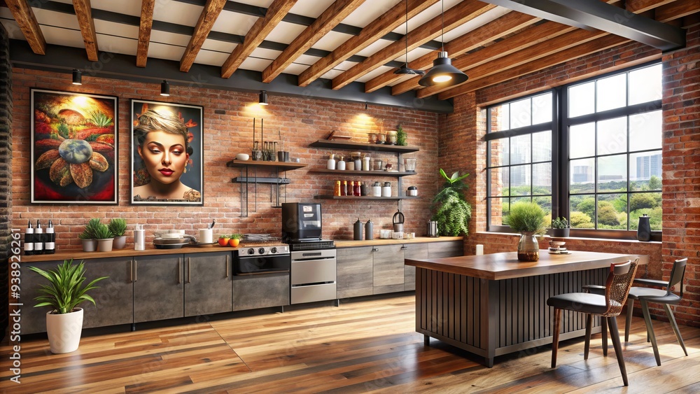 Industrial-chic loft interior with exposed brick, wooden beams, and a minimalist coffee station, adorned with vibrant tattoo-inspired artwork on the walls. Industrial-chic loft interior with exposed brick, wooden beams, and a minimalist coffee station, adorned with vibrant tattoo-inspired artwork on the walls.