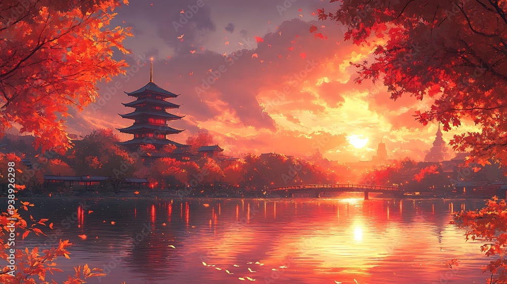 Sunset over Japanese Pagoda with Autumn Foliage. Sunset over Japanese Pagoda with Autumn Foliage.