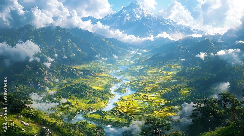 Picturesque Mountain Valley with River and Rice Terraces. Picturesque Mountain Valley with River and Rice Terraces.